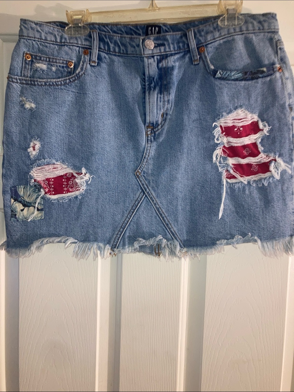 GAP Light Blue Distressed Denim Mini Skirt with Red Bandana Patches
